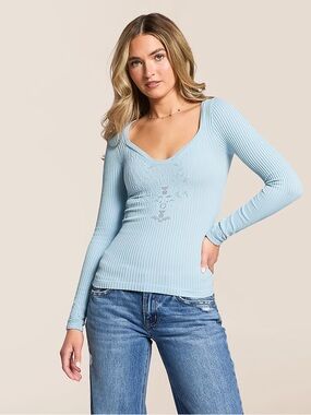 857. FREE PEOPLE Dynamic Duo Long Sleeve in Cashmere Blue Sz M/L NWT $58